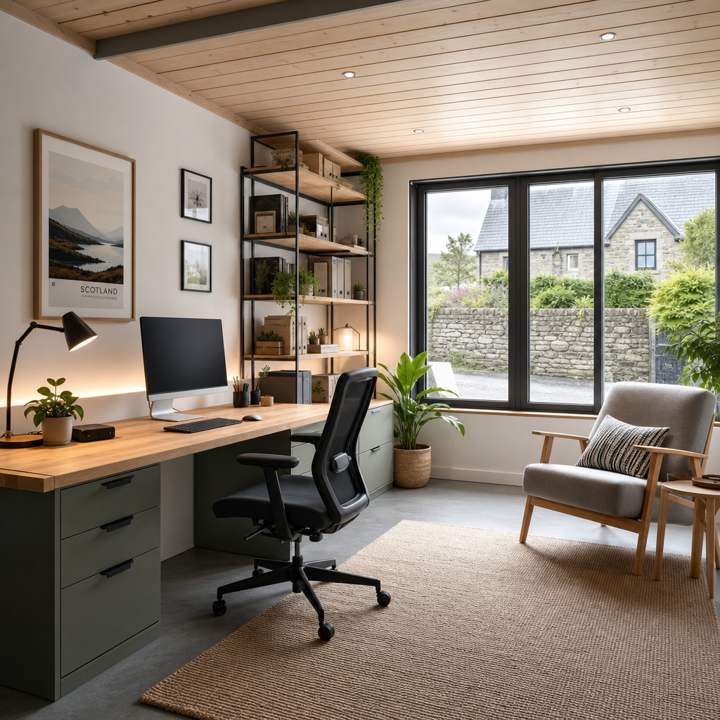 Modern home office in a converted garage with natural lighting and contemporary furnishings