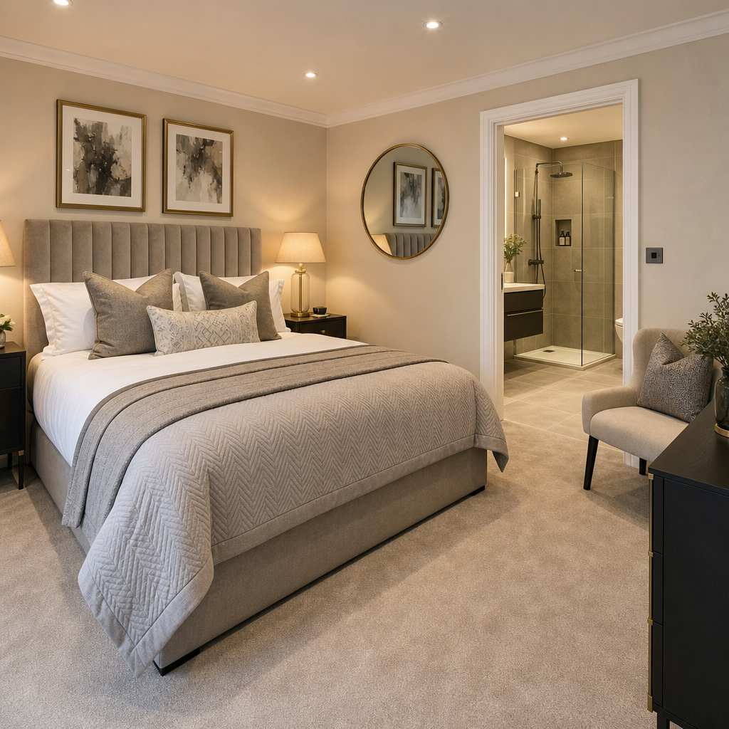 Spacious bedroom conversion with connected en suite bathroom in warm, neutral tones