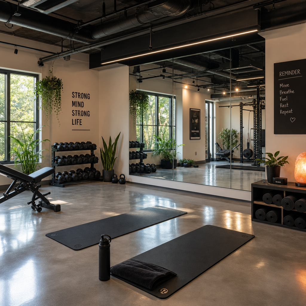 Contemporary home gym conversion with exercise equipment and natural lighting