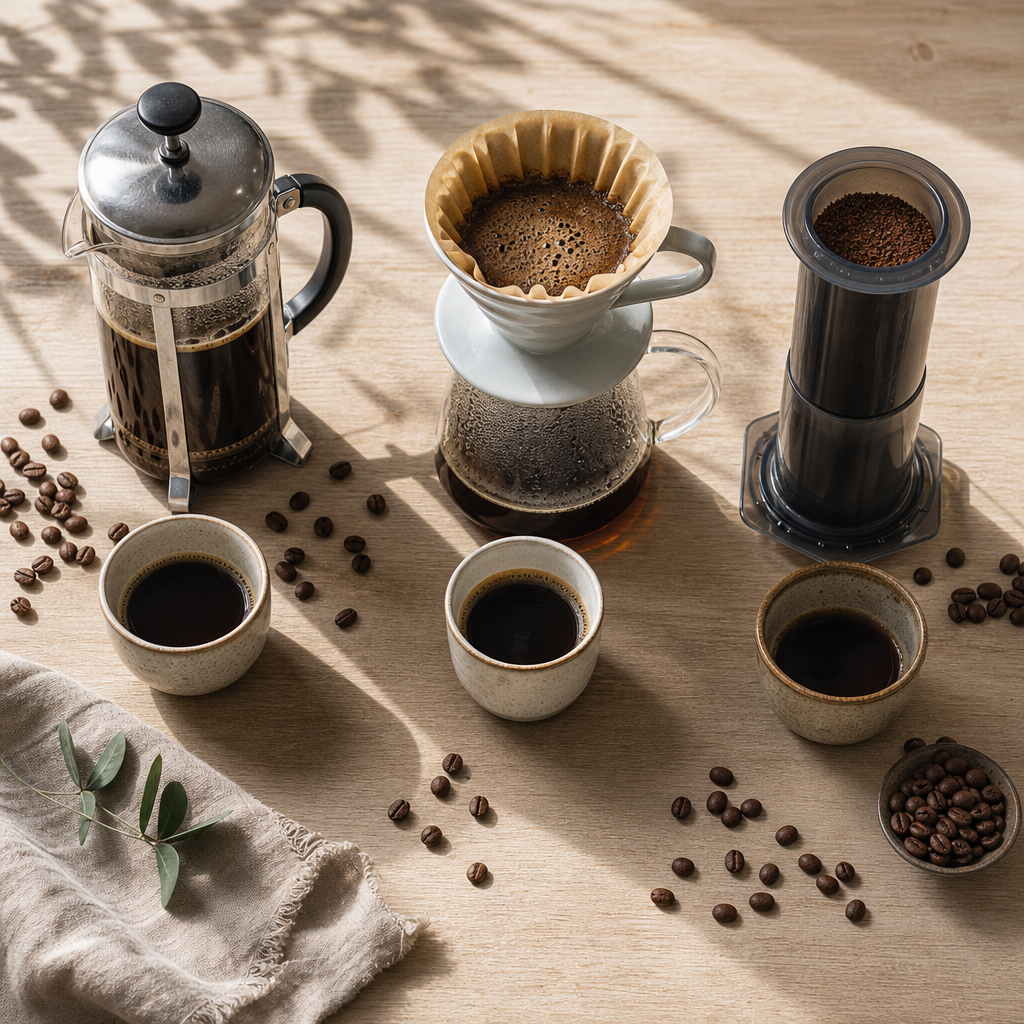 Three coffee brewing methods displayed side-by-side on wooden surface with roasted beans and cups