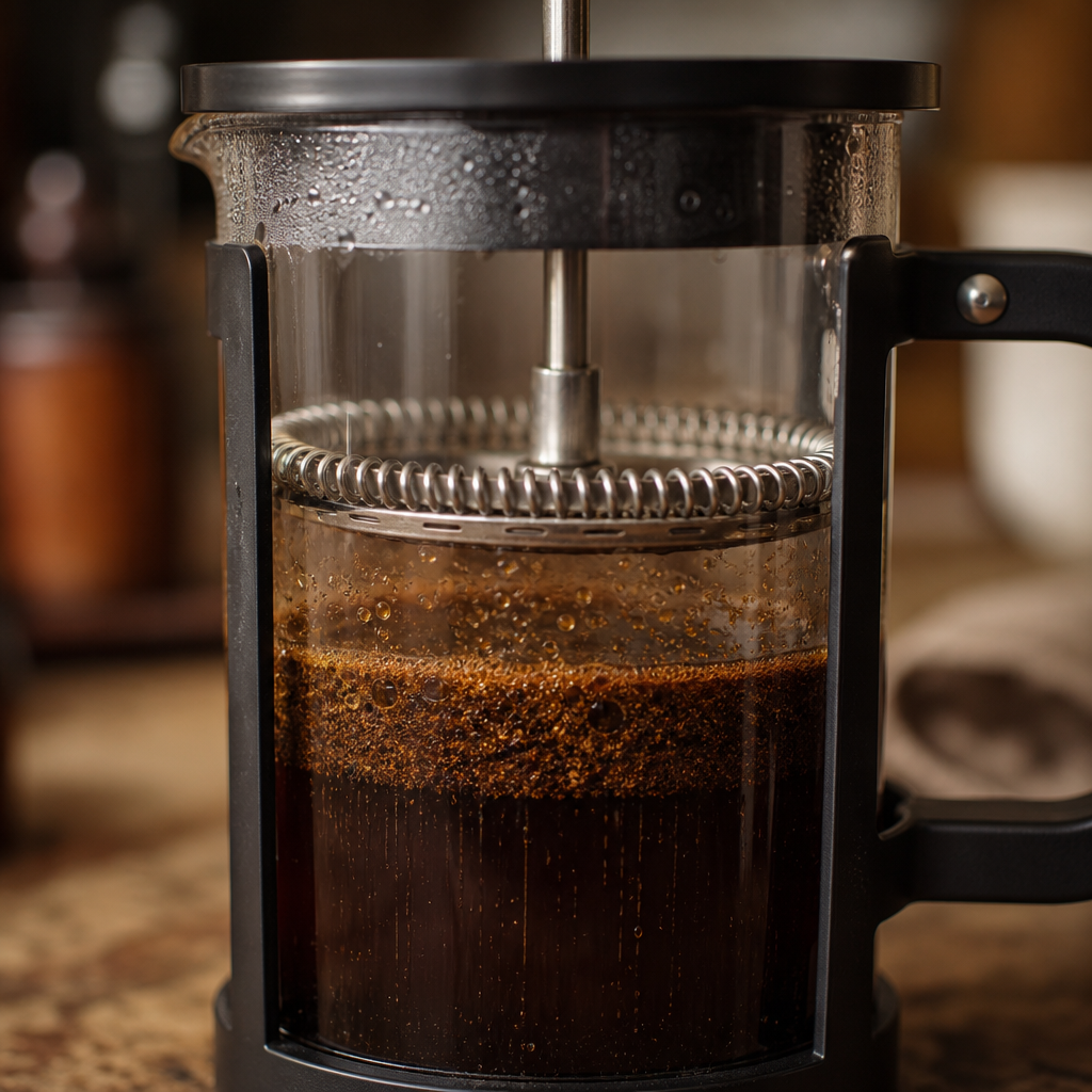 French press mid-extraction showing dark, oily coffee and filter mechanism