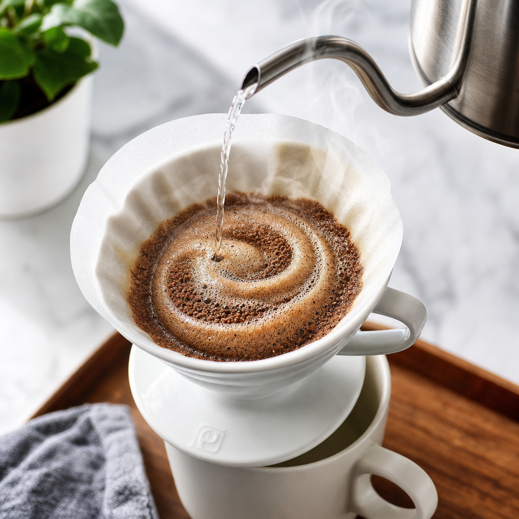 Water pouring into pour-over dripper with steam rising and circular flow pattern visible