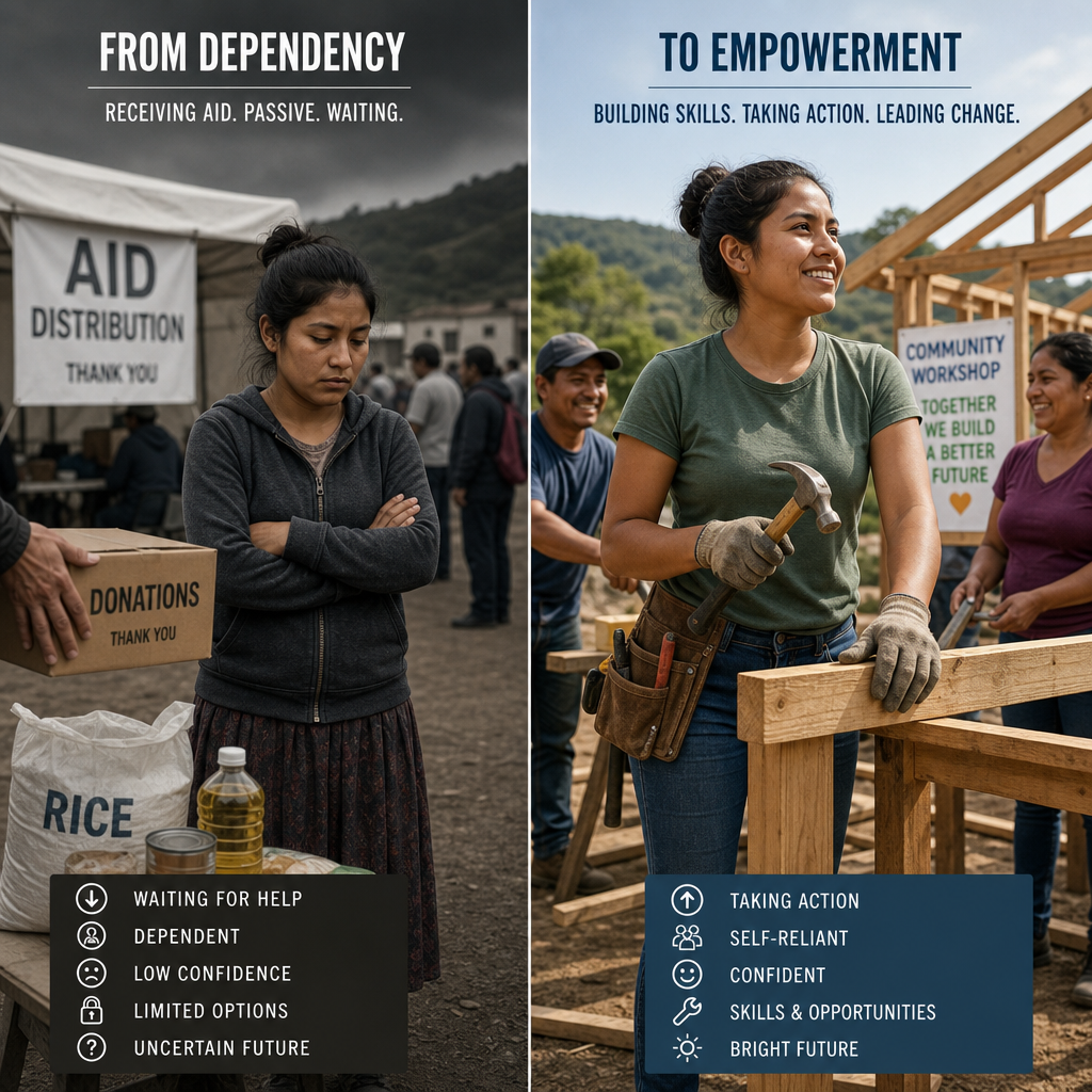Visual contrast between passive aid dependency and active community empowerment