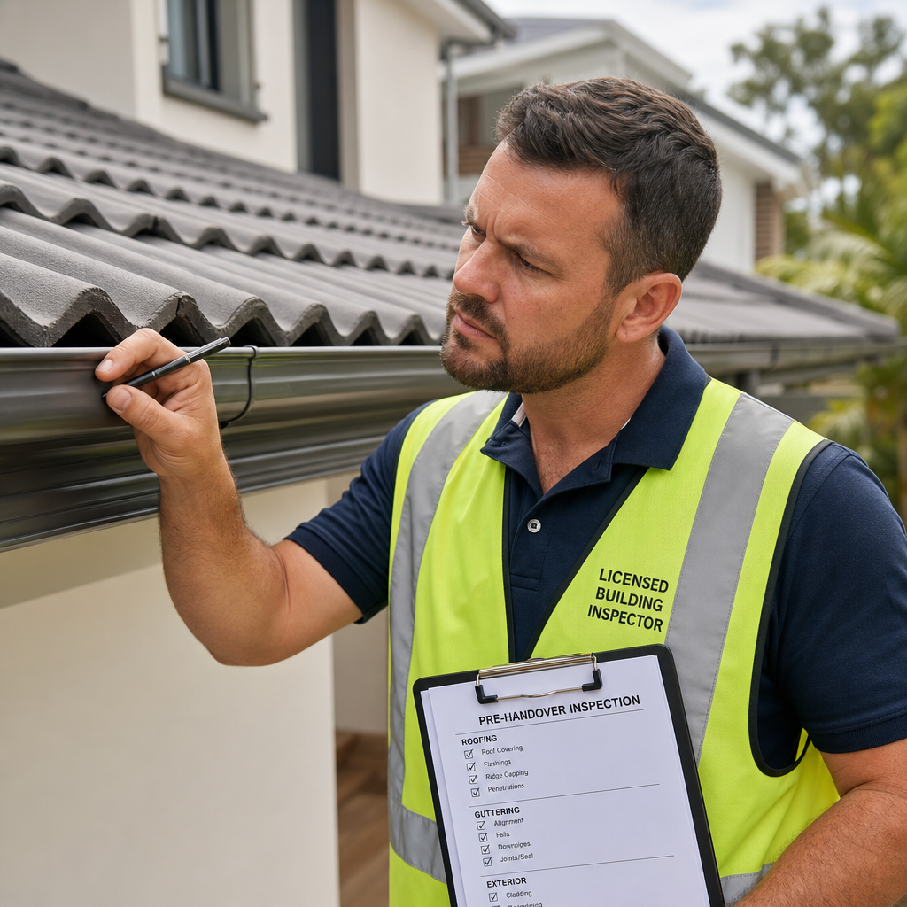 Building inspector examining roof tiles and guttering during new home inspection