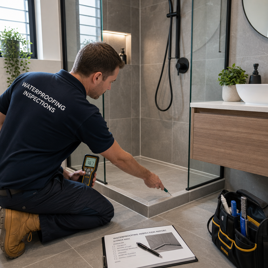 Inspector checking waterproofing and tile sealing in new home bathroom