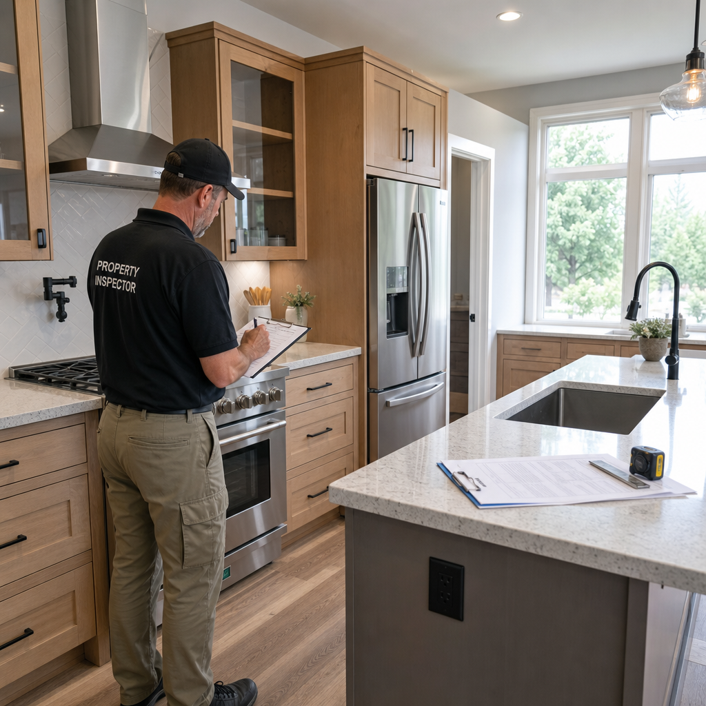 Kitchen inspection focusing on cabinetry installation and finish quality in new home
