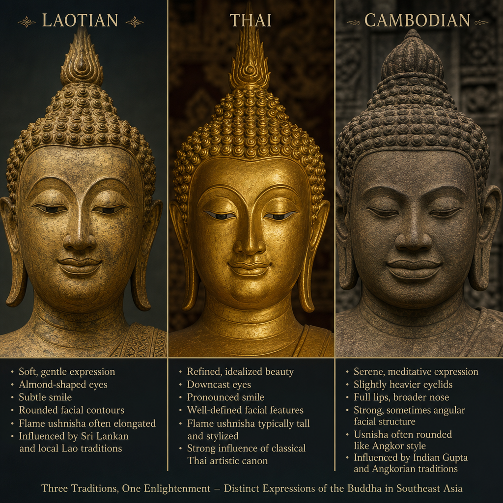 Tres rostros de estatuas de Buda que muestran diferencias iconográficas entre las tradiciones laosiana, tailandesa y camboyana.
