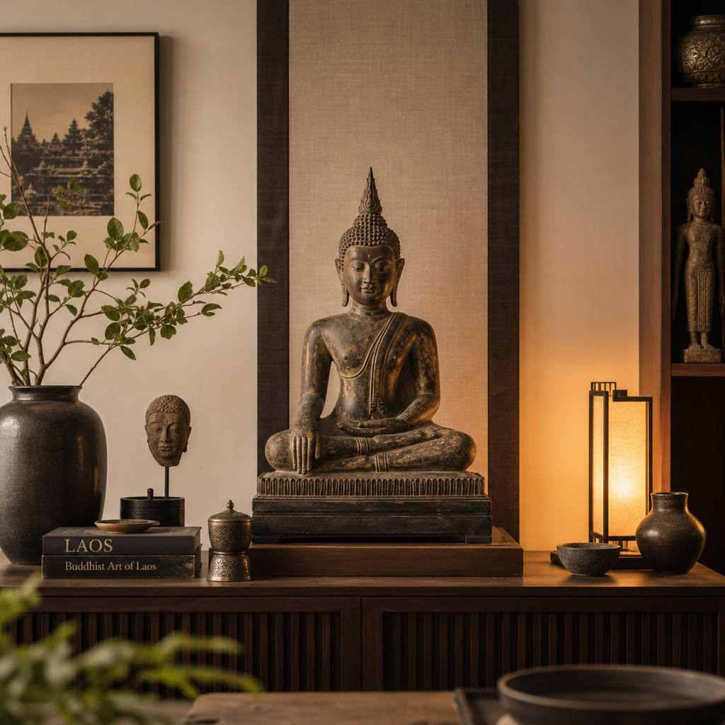 Estatua de Buda de Laos exhibida en el altar de una casa con piezas de colección seleccionadas