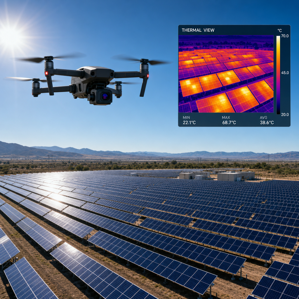 Drone med termisk kamera inspicerer solcellepaneler fra oven