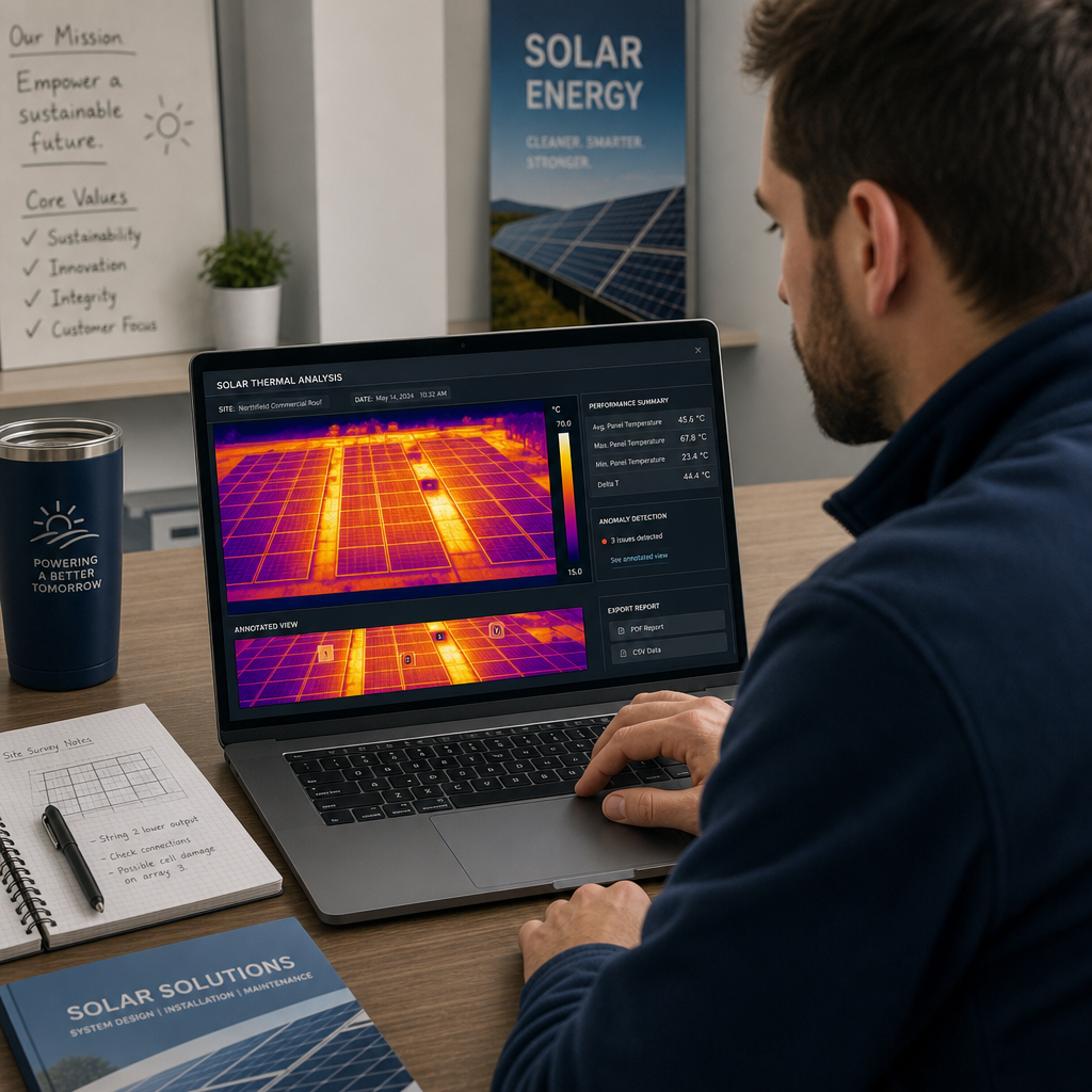 Tekniker analyserer termiske billeder af solcellepaneler på en bærbar computer