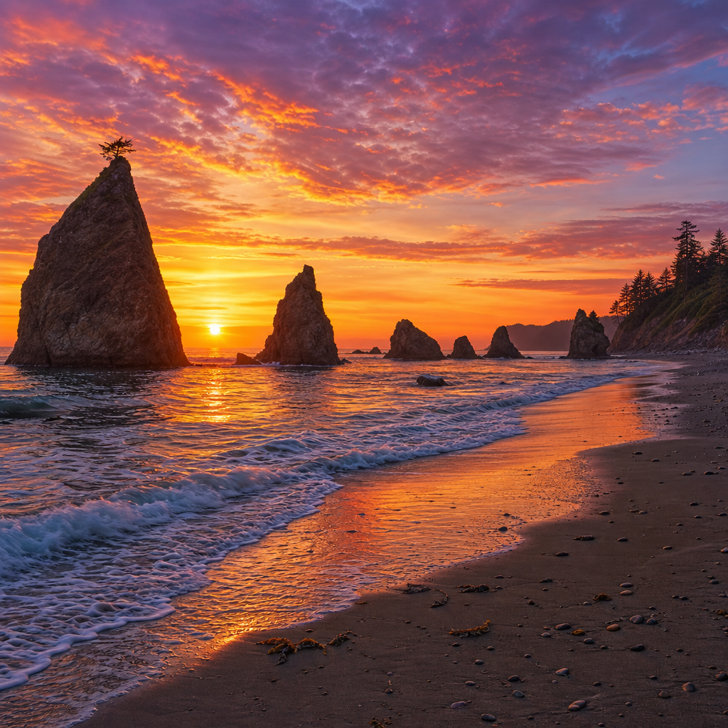 Meyers Beach and sea stacks during sunset in Gold Beach Oregon