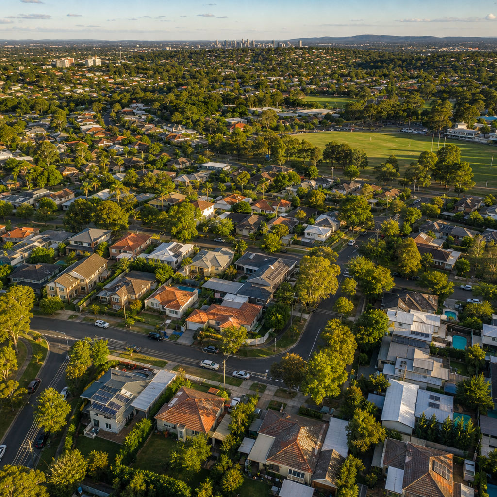 Aerial view of Australian residential suburb with homes and streets