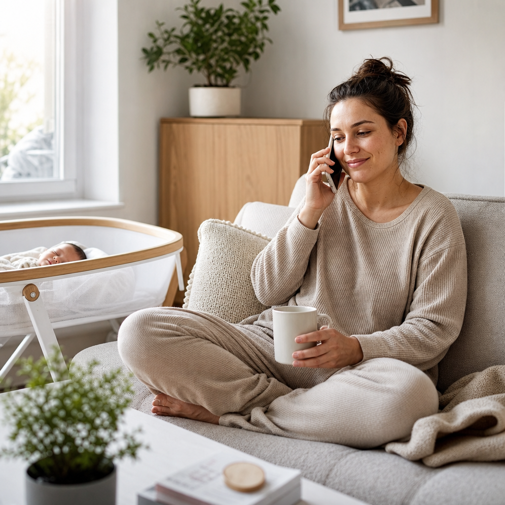 New mother receiving phone coaching support from home while caring for her newborn