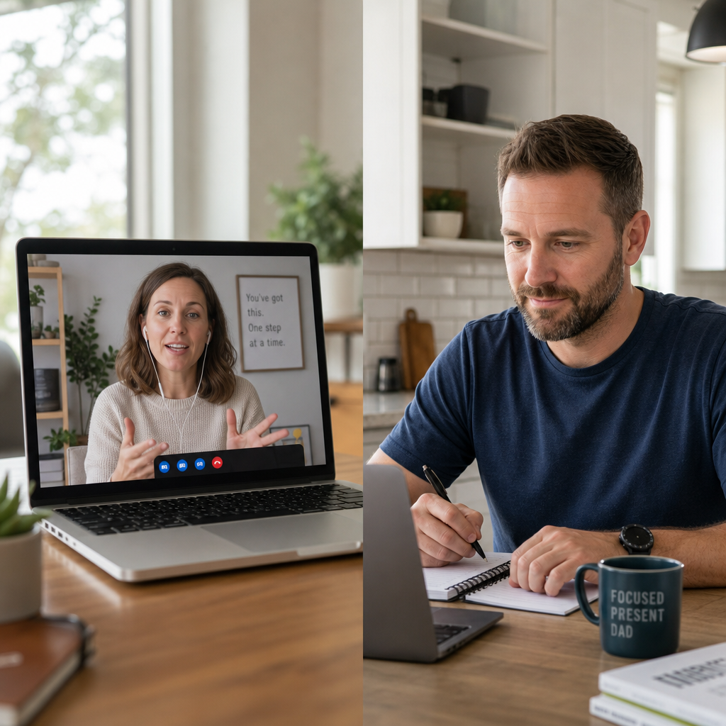 Father participating in remote postpartum coaching via video call at home