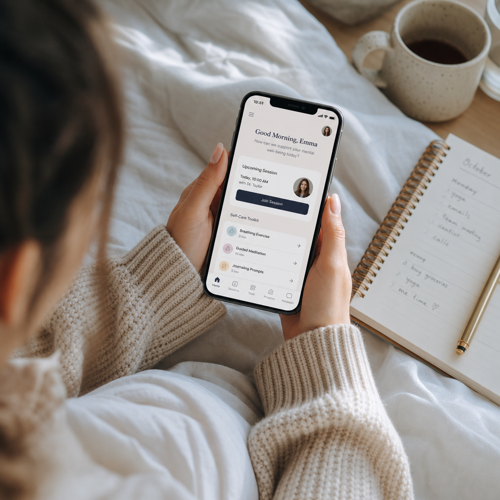 Parent accessing remote postpartum support coaching on their phone from bed
