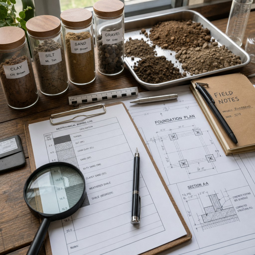 Espace de travail d'un ingénieur géotechnicien avec échantillons de sol et plans de fondations