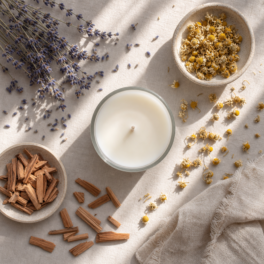 Candle ingredients and aromatherapy elements arranged overhead