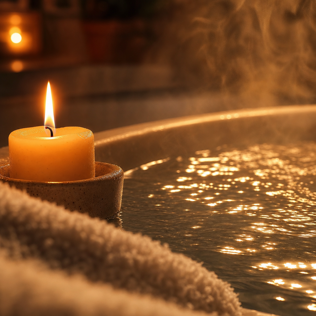 Lit candle beside a relaxing bath with steam and warm lighting