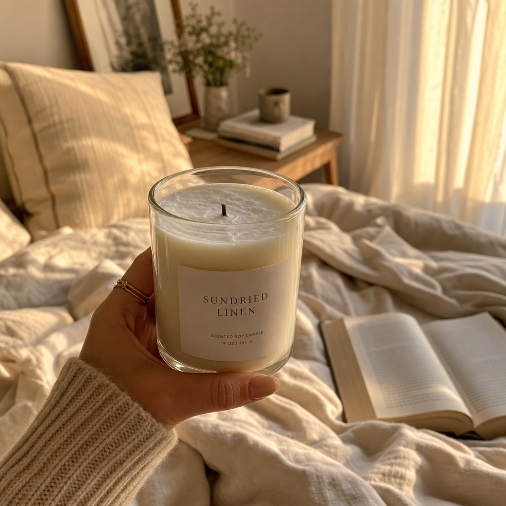 Person holding a quality candle in a self-care bedroom setting