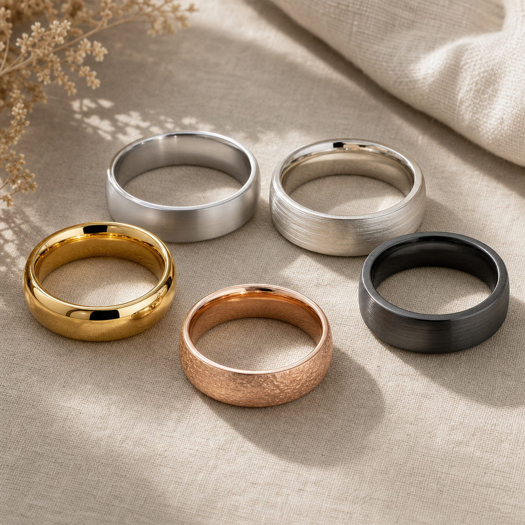 Five men's wedding bands in different metals displayed on neutral background