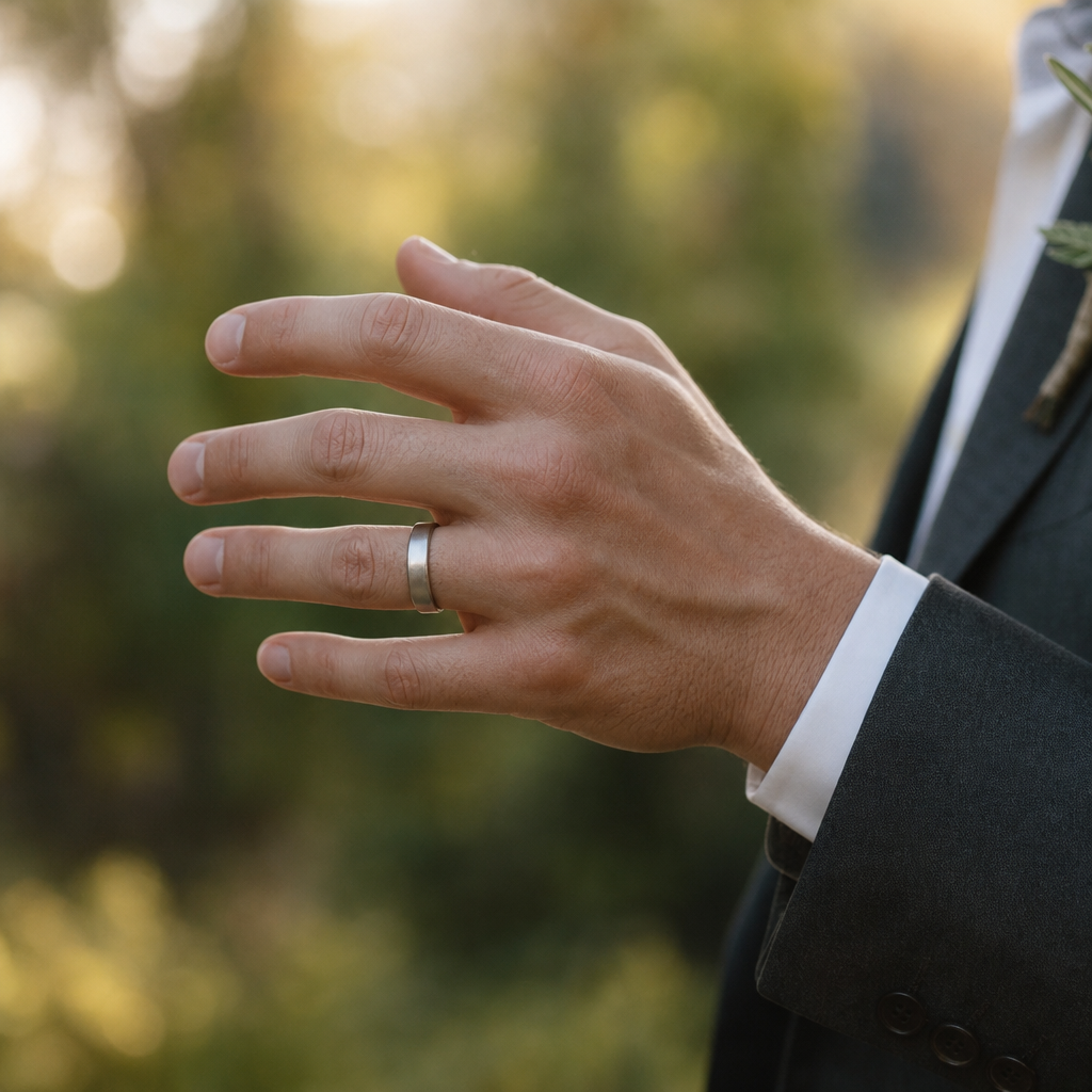 Groom's hand wearing a wedding band with natural outdoor background