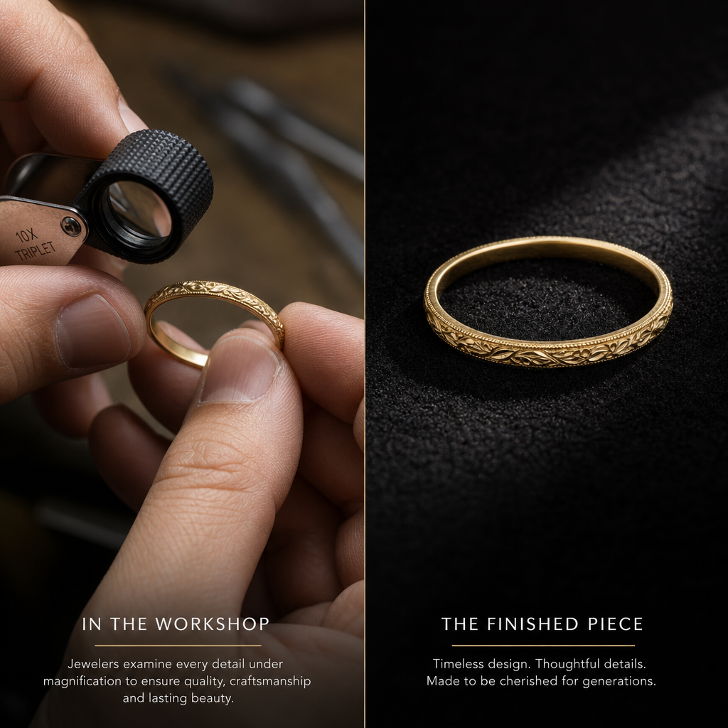 Jeweler inspecting a wedding band and close-up detail of band finish