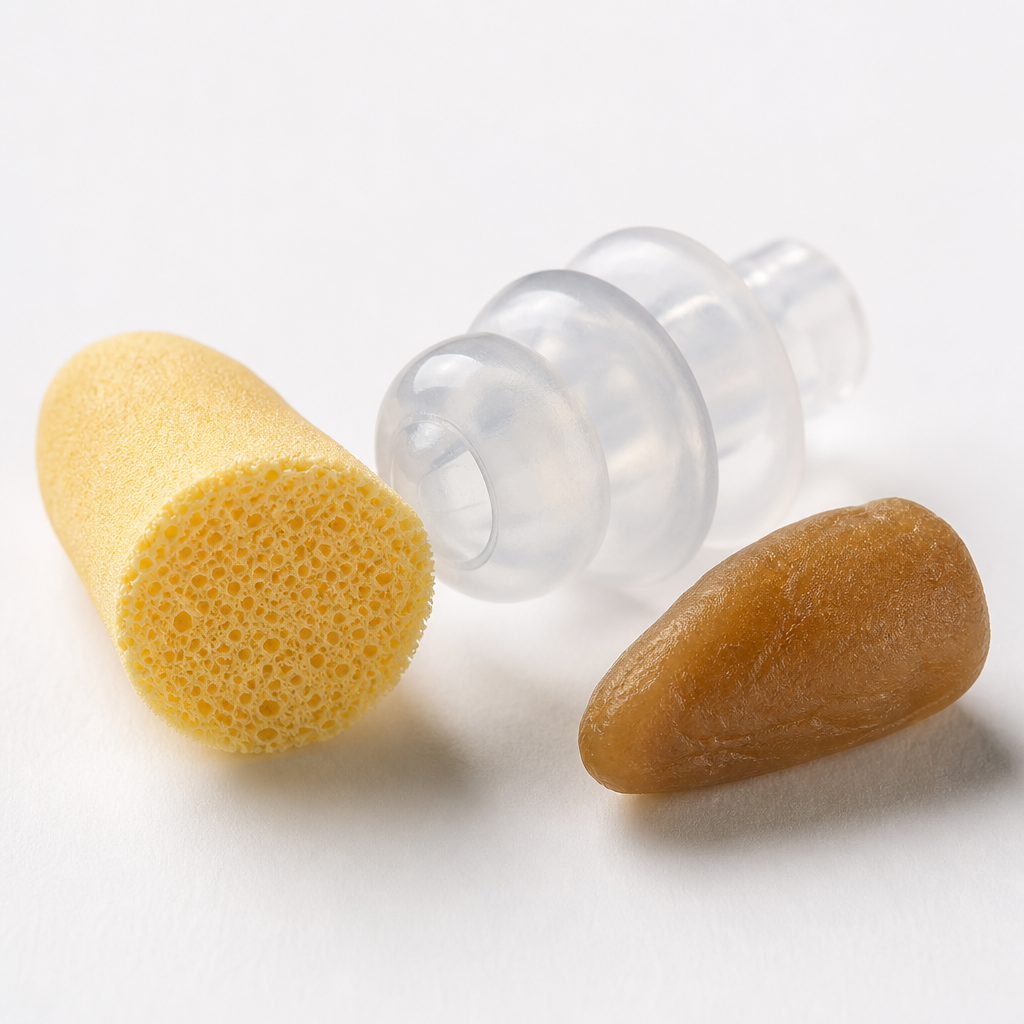 Three types of ear plugs showing memory foam, silicone, and wax materials side by side