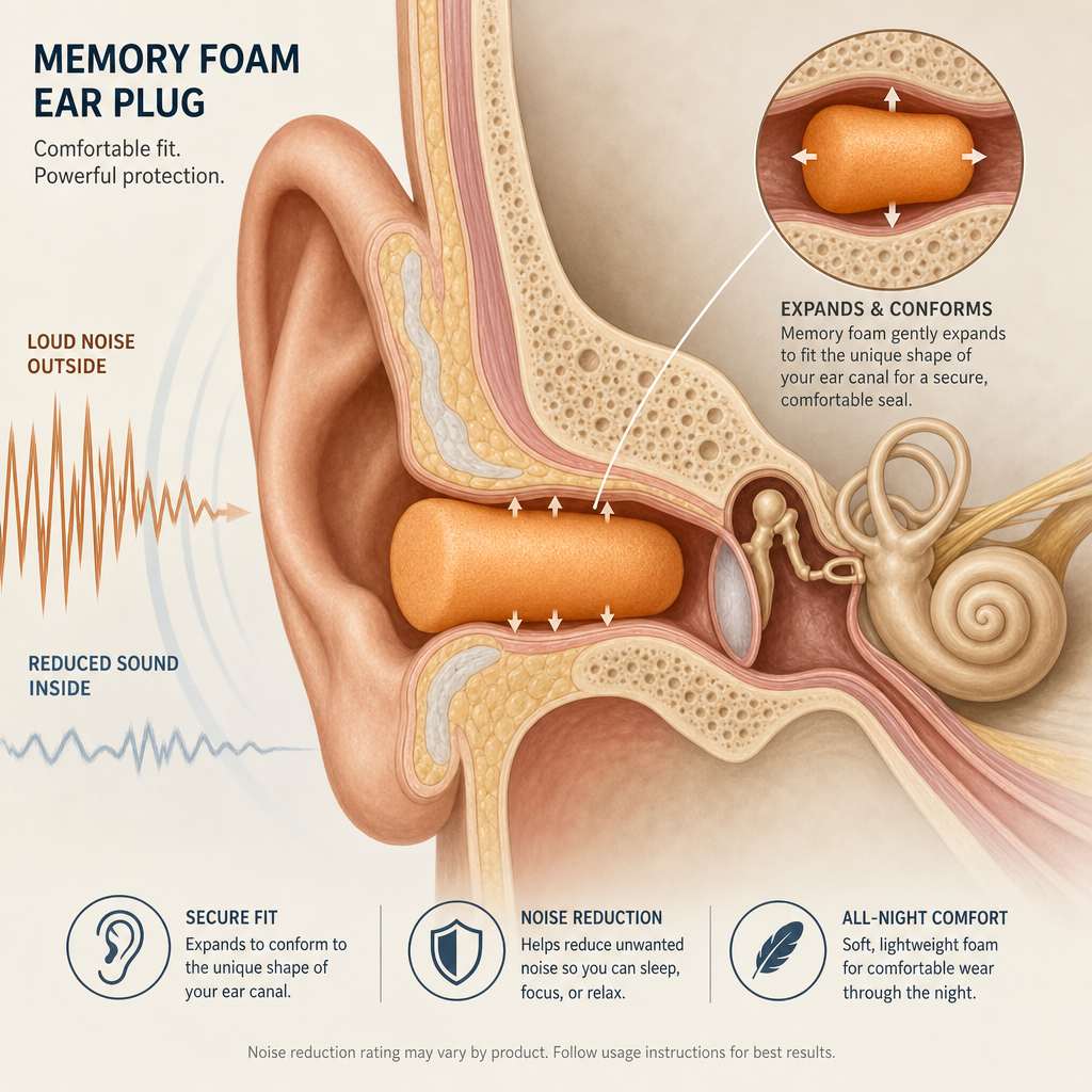 Anatomical diagram of an ear canal with an inserted memory foam plug showing proper fit and expansion