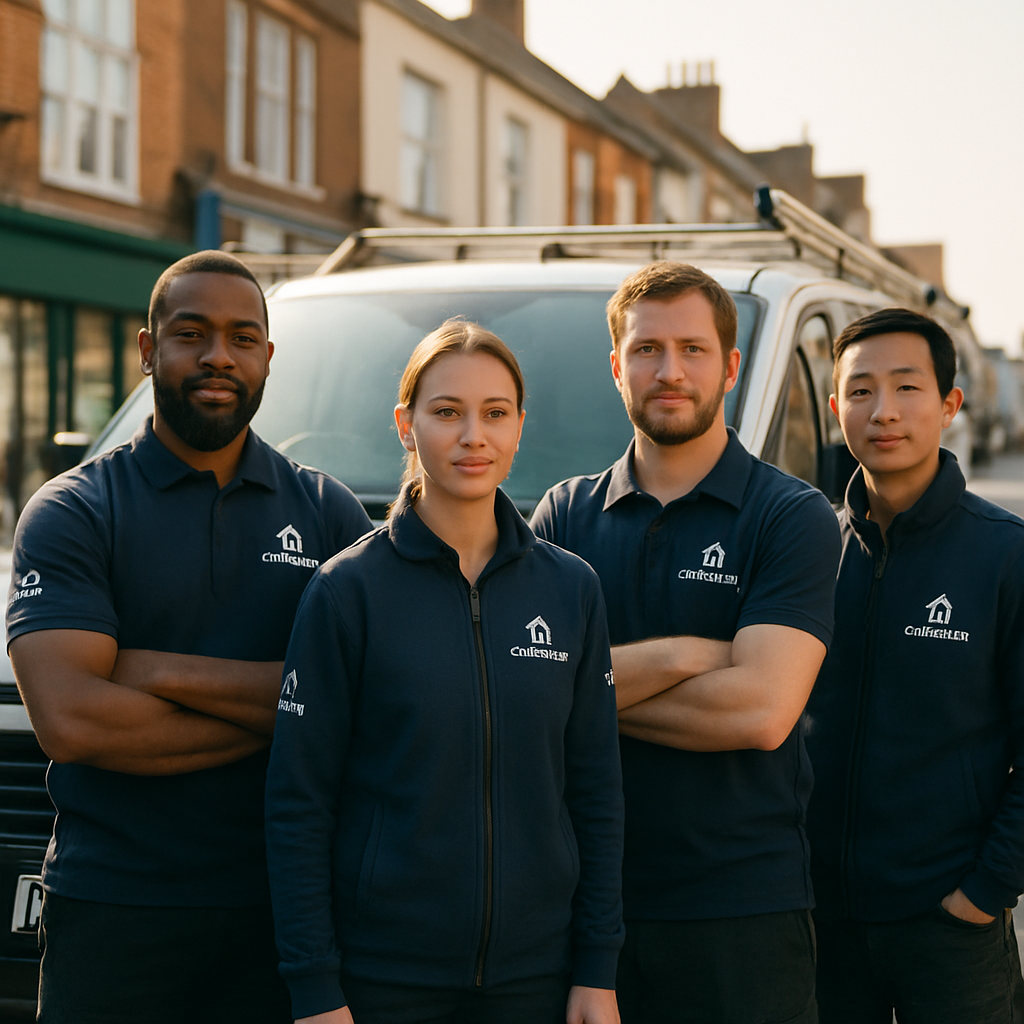 Small business team in branded workwear standing together professionally on a UK street