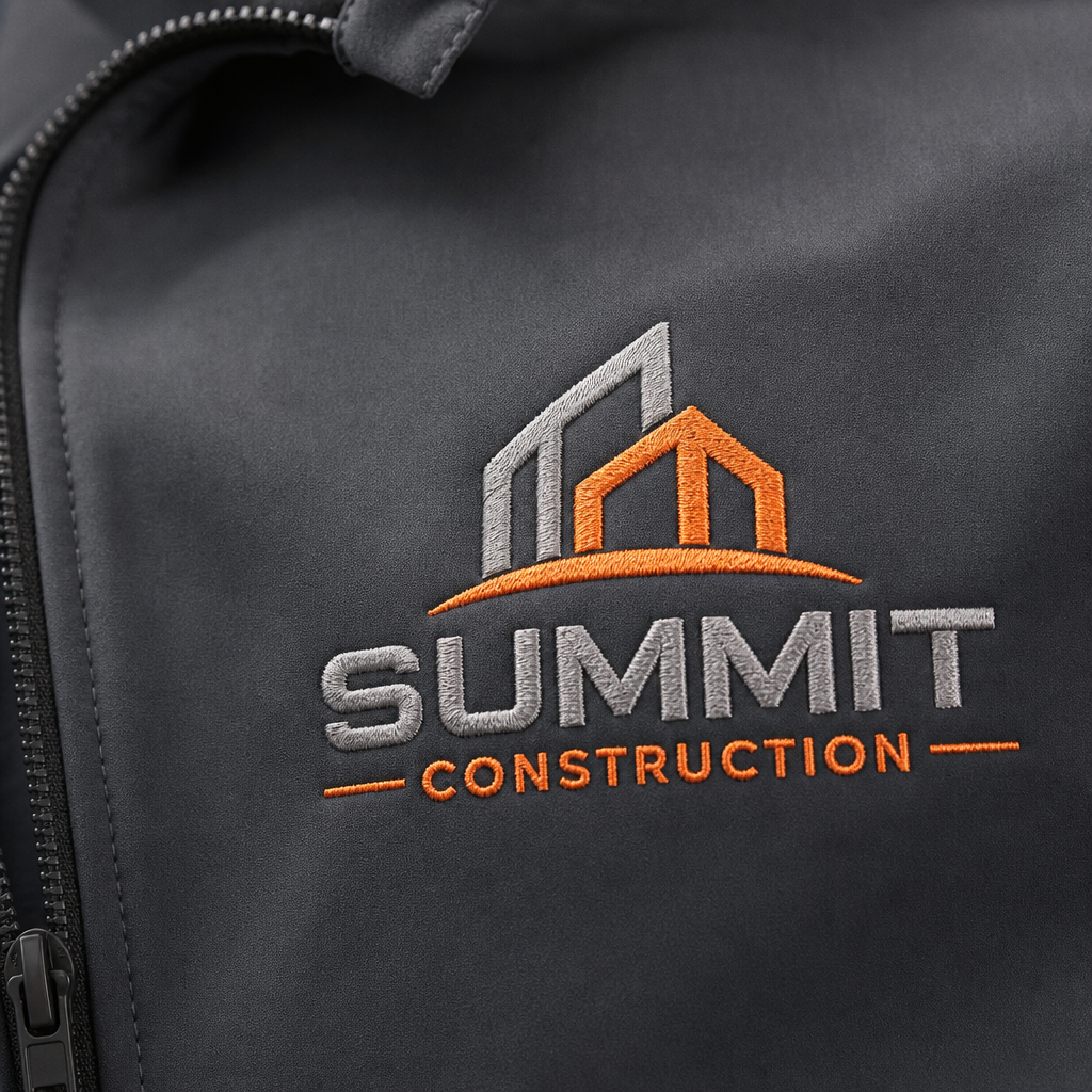 Close-up of embroidered logo on professional branded workwear fabric