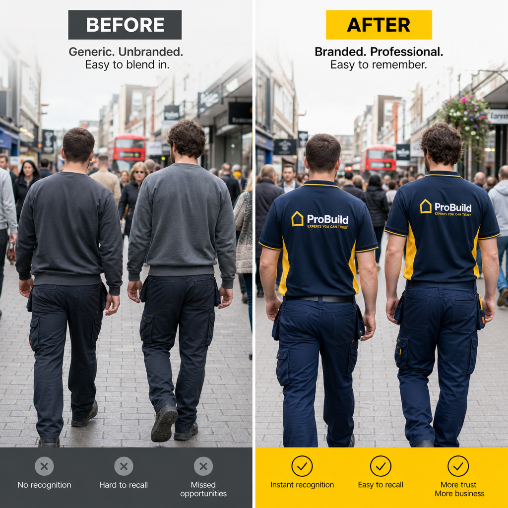 Before and after comparison of unbranded versus branded workwear visibility on a busy UK street