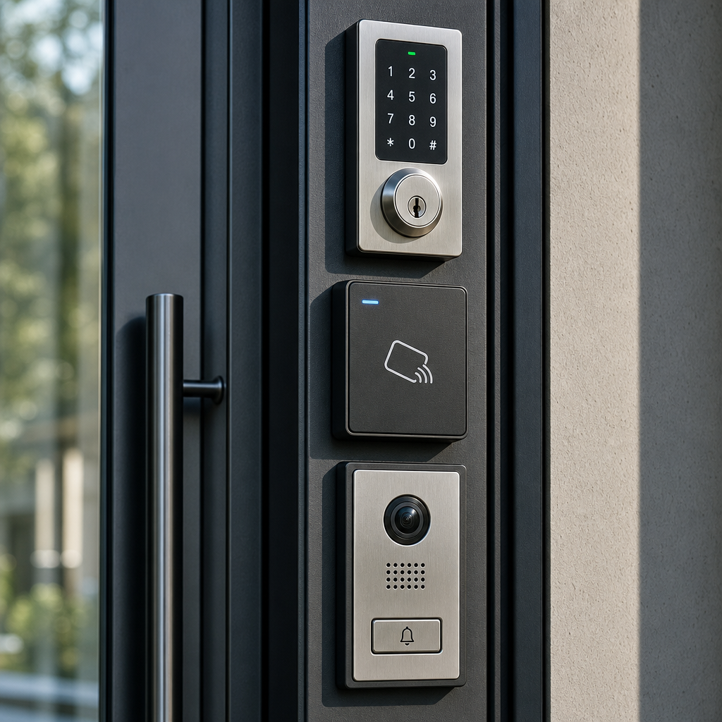 Modern access control hardware including keypad, card reader, and intercom mounted on office door