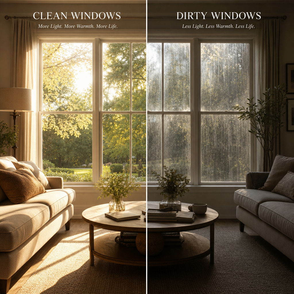 Side-by-side interior comparison of how clean versus dirty windows affect natural light in a home