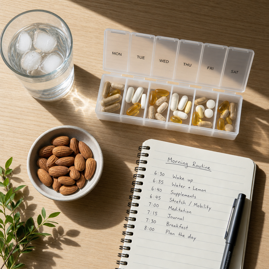 Overhead view of a morning supplement routine with organised pills, water, and notes on a wooden table