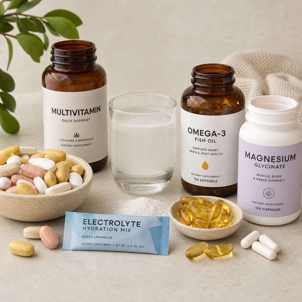 Assorted supplement types including tablets, powder, and capsules arranged on a clean surface