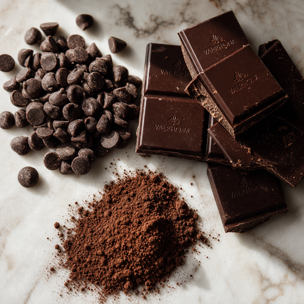 Three forms of dark chocolate displayed on marble showing chocolate chips, cocoa powder, and broken dark chocolate block