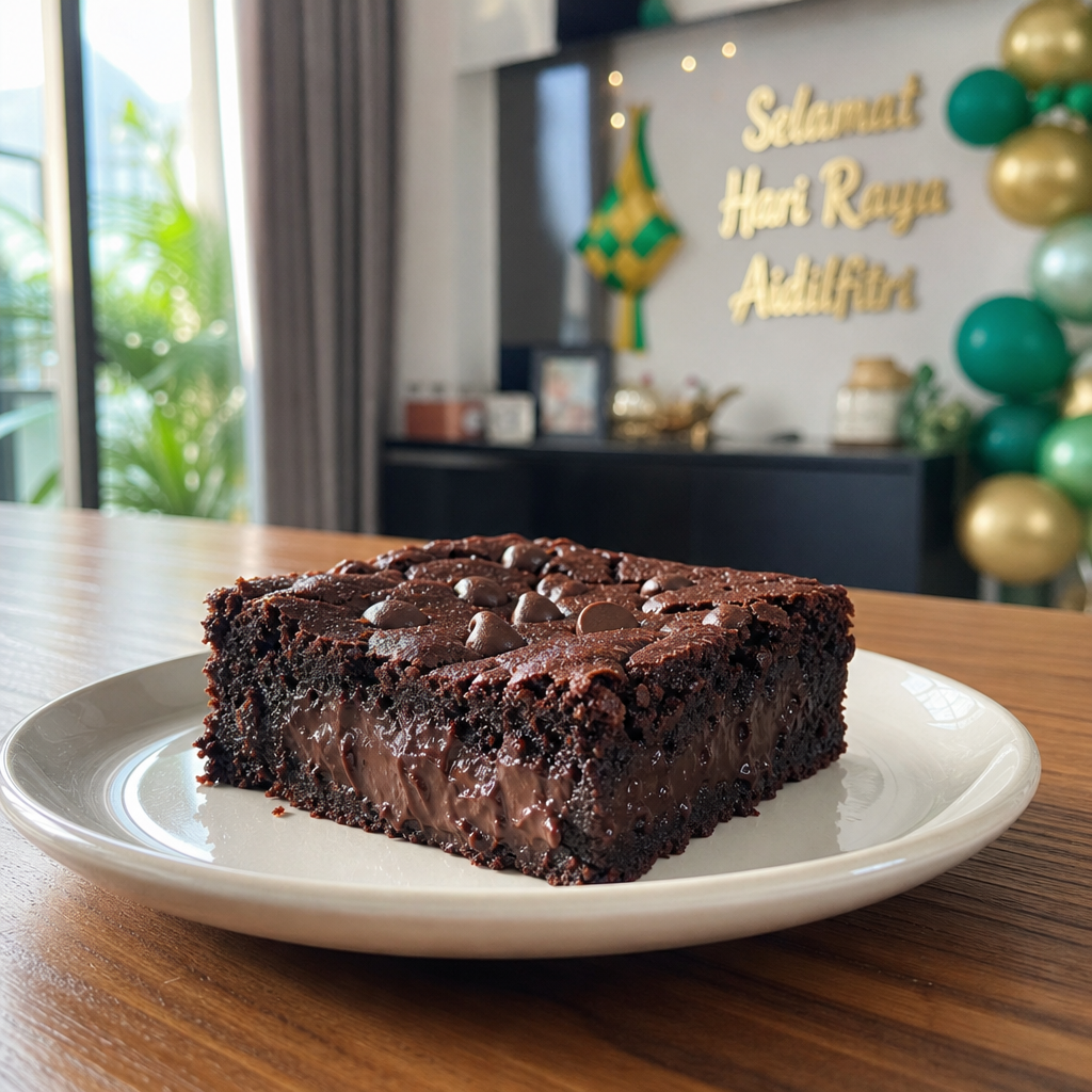 Single dark chocolate brownie slice on white plate showing rich fudgy texture and layers