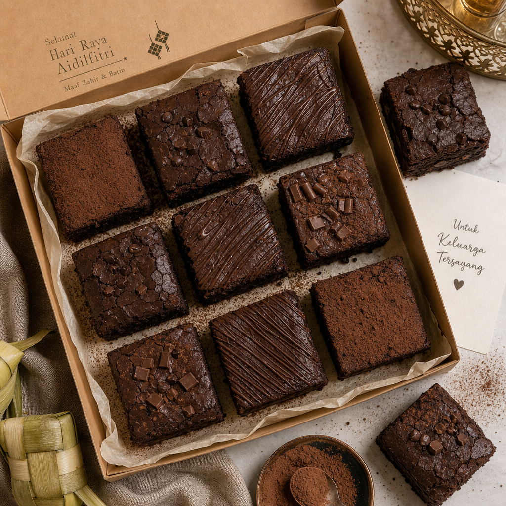 Multiple dark chocolate brownies arranged in presentation box for Malaysian celebration gathering