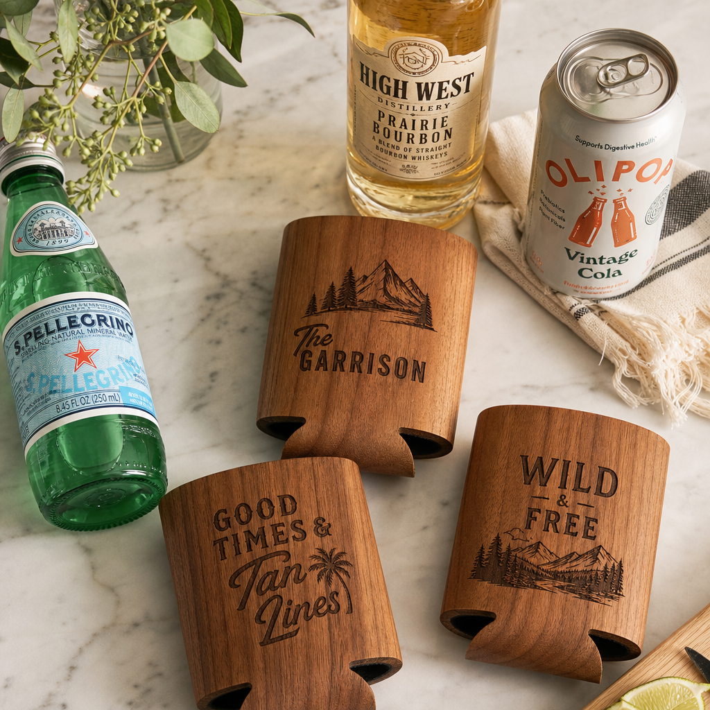 Three wooden can insulators displayed on marble with beverages