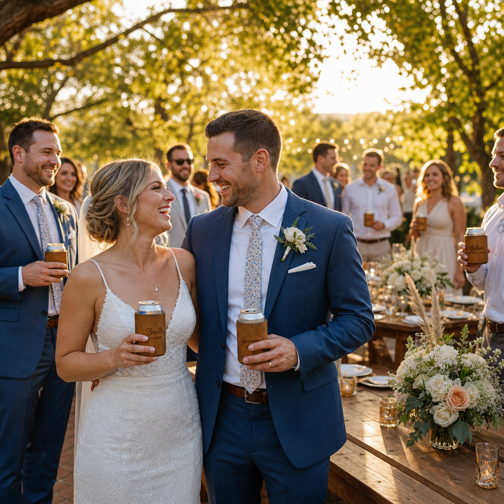 Wedding guests using custom wooden can insulators at outdoor reception
