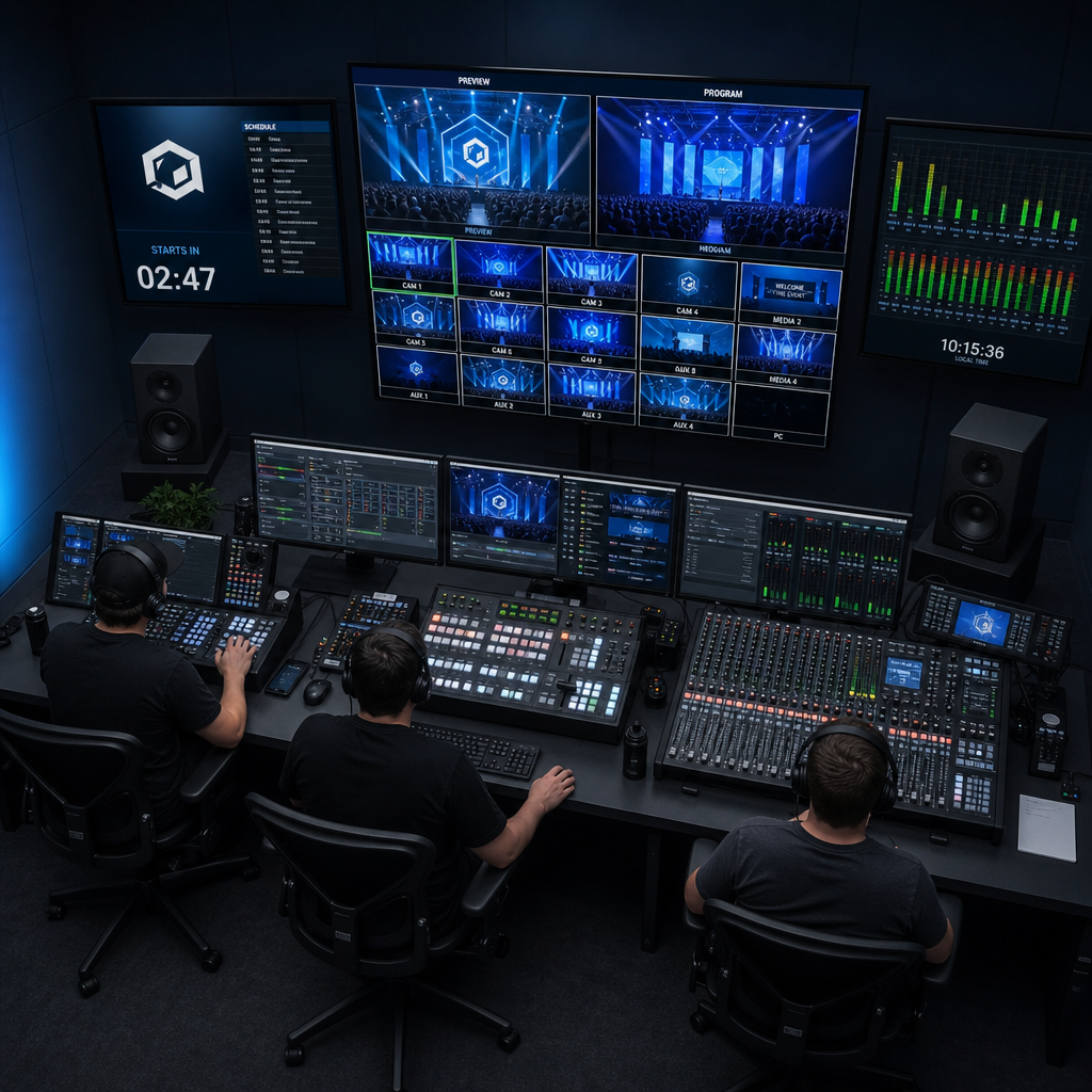 Live streaming control room with multiple monitors and technical equipment