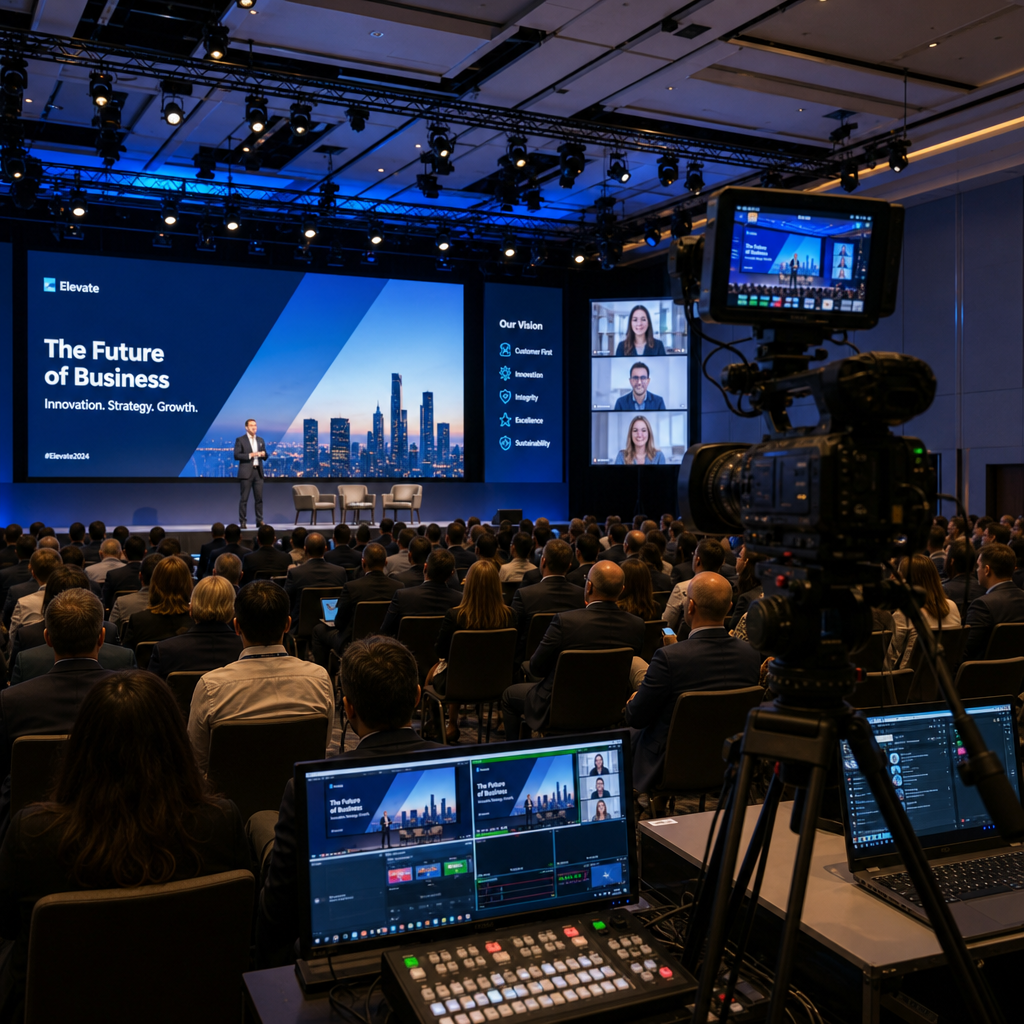 Corporate event venue with live streaming camera equipment capturing stage presentation