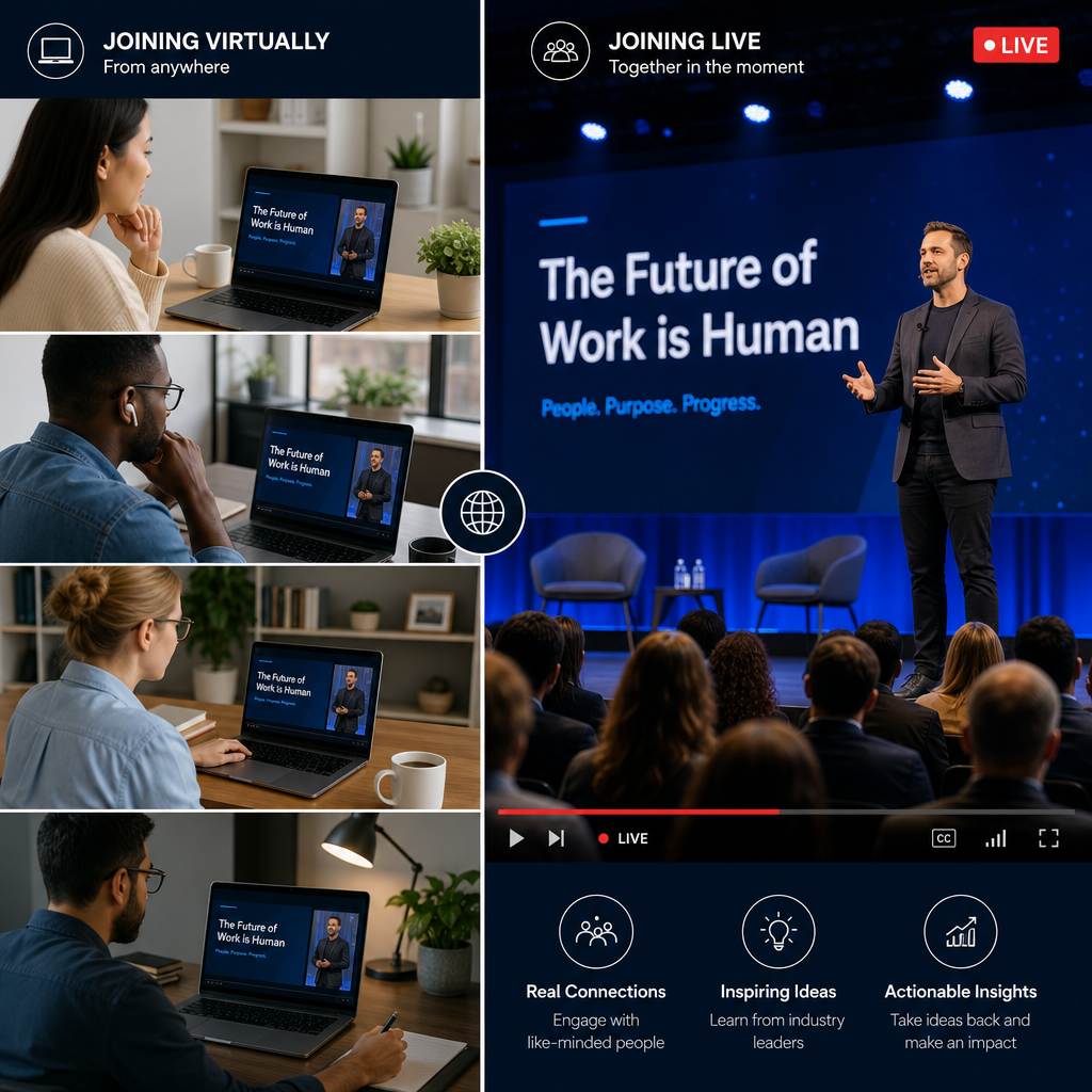 Virtual attendees watching corporate event on devices while physical event broadcasts live