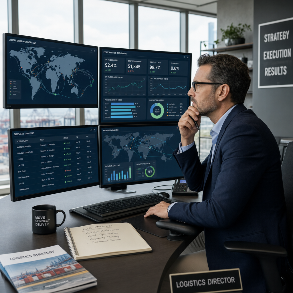Fleet executive analyzing transport optimization data on computer screens