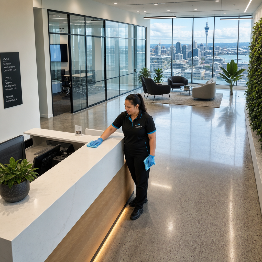 Professional cleaner maintaining a modern commercial office lobby with polished surfaces and natural lighting