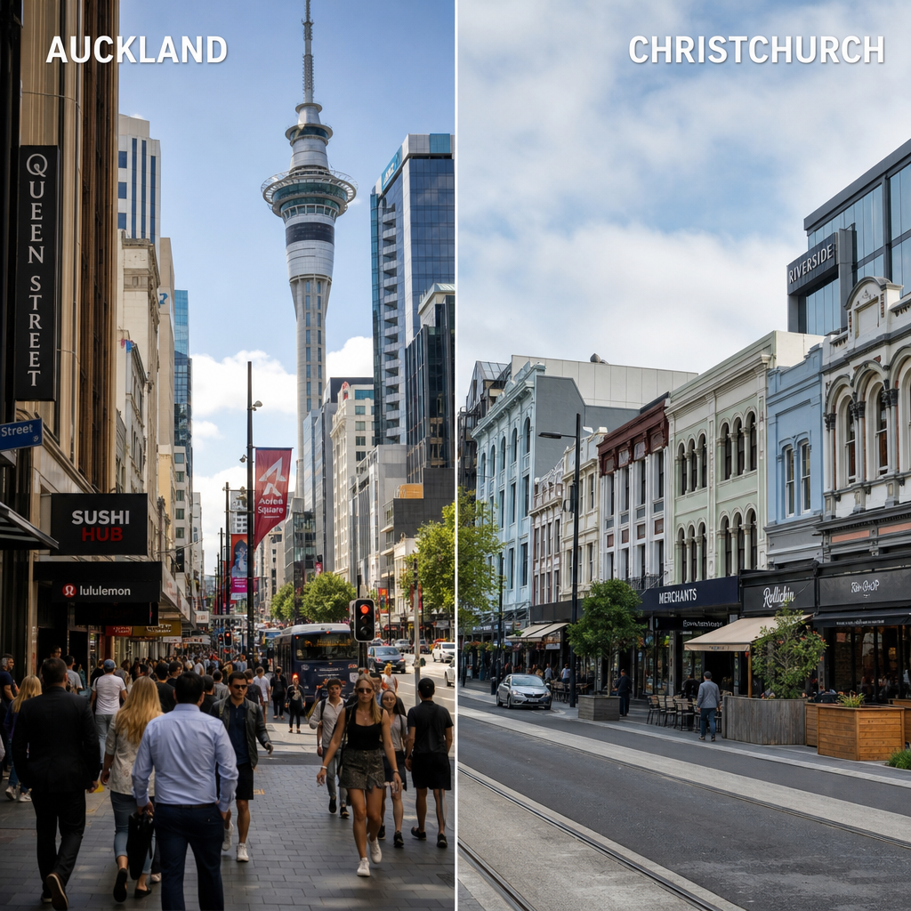 Contrasting urban landscapes of Auckland and Christchurch commercial districts