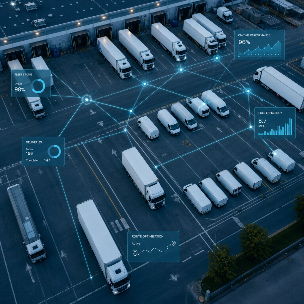 Commercial fleet logistics vehicles with digital optimization overlay