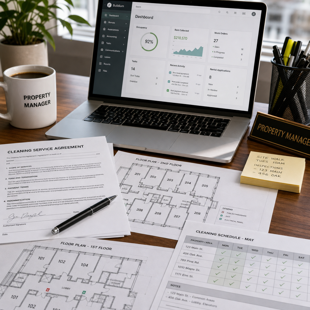 Property manager's workspace displaying commercial cleaning contracts and multi-site management documents