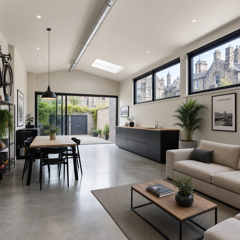 Bright, modern converted garage space with polished flooring and natural lighting