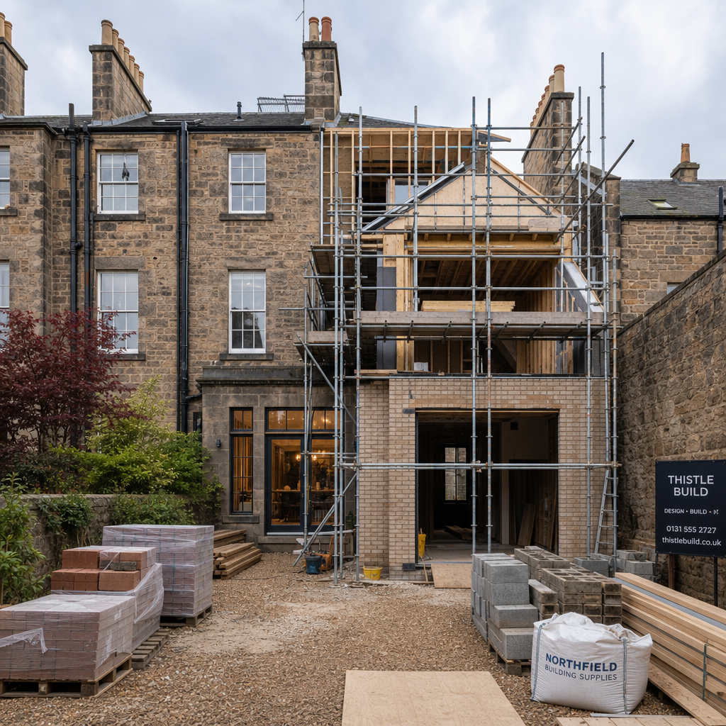 Home extension construction site on Edinburgh property with scaffolding and framework
